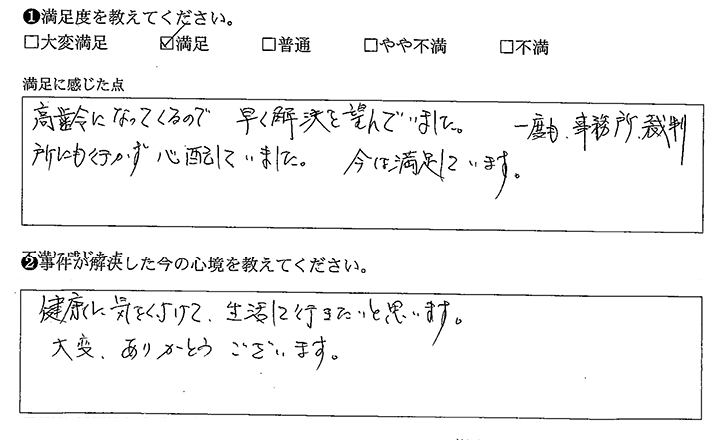 裁判所へ行くこともなく心配でしたが、結果に満足です