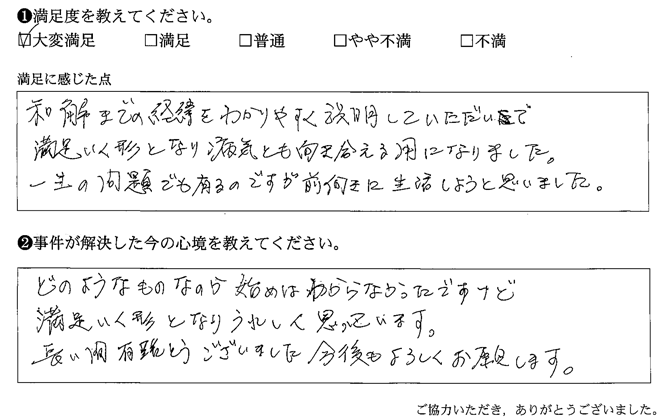 和解までの経緯をわかりやすく説明していただいで満足いく形となり病気とも向き合える用になりました